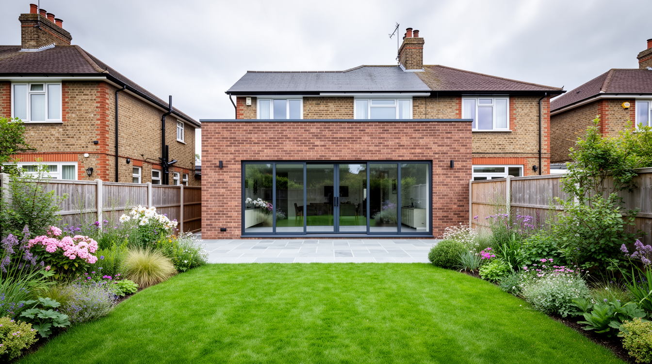 Rear extension on a British home with new patio and lawn